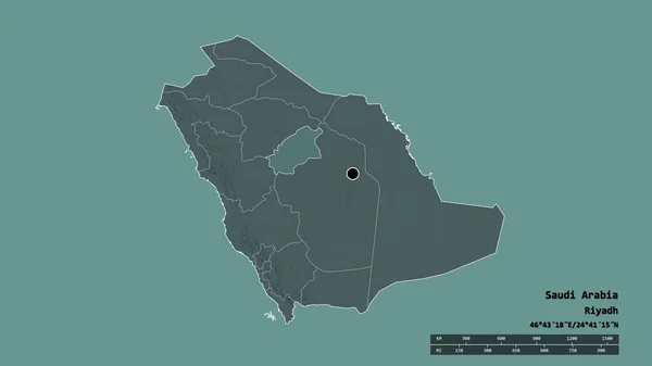 Desaturated shape of Saudi Arabia with its capital, main regional division and the separated Al Quassim area. Labels. Colored elevation map. 3D rendering