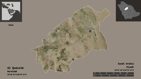 沙特阿拉伯地区的Al Quassim形状及其首都 距离刻度 预览和标签 卫星图像 3D渲染 — 图库照片