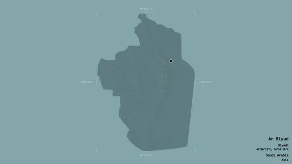 サウジアラビアの地域であるAr Riadの地域は 洗練された境界ボックス内の強固な背景に隔離されています ラベル 色の標高マップ 3Dレンダリング — ストック写真