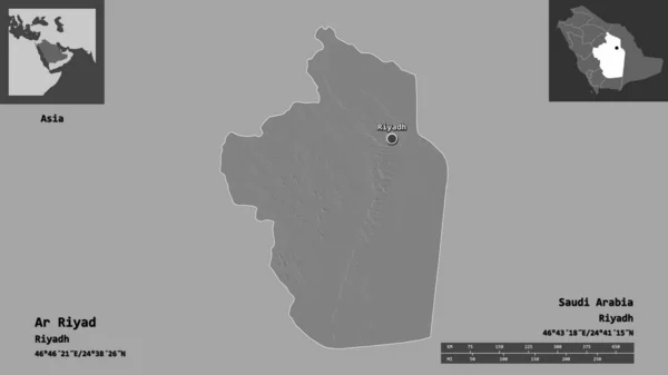 沙特阿拉伯阿利亚德地区及其首都的形状 距离刻度 预览和标签 Bilevel高程图 3D渲染 — 图库照片