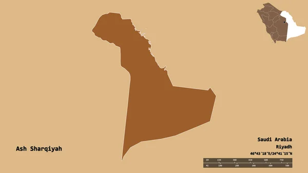 サウジアラビアの地域であるアッシュ シャークィヤの形で その資本はしっかりとした背景に隔離されています 距離スケール リージョンプレビュー およびラベル パターン化されたテクスチャの構成 3Dレンダリング — ストック写真