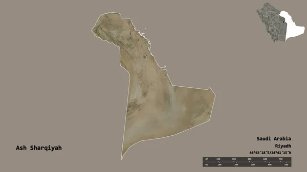 沙特阿拉伯地区的Ash Sharqiyah形状 其首都在坚实的背景下与世隔绝 距离尺度 区域预览和标签 卫星图像 3D渲染 — 图库照片