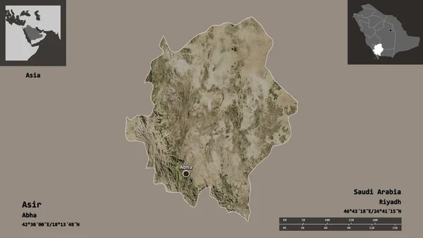 沙特阿拉伯的阿西尔形状及其首都 距离刻度 预览和标签 卫星图像 3D渲染 — 图库照片