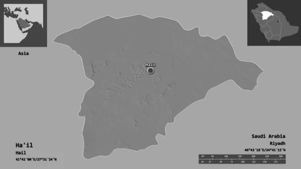 ハイルの形 サウジアラビアの地域 およびその首都 距離スケール プレビューおよびラベル 標高マップ 3Dレンダリング — ストック写真