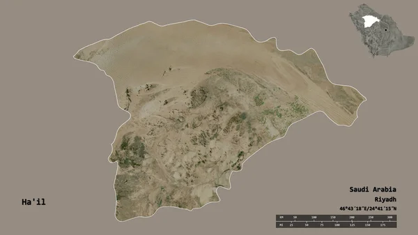 沙乌地阿拉伯地区哈伊尔的形状 其首都在坚实的背景下与世隔绝 距离尺度 区域预览和标签 卫星图像 3D渲染 — 图库照片
