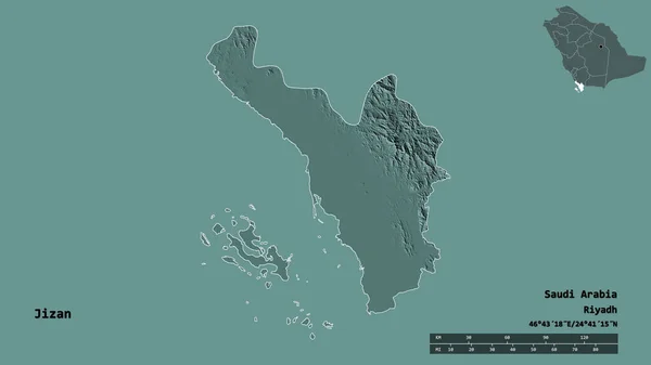 サウジアラビアの地域であるジザンの形で その資本はしっかりとした背景に隔離されています 距離スケール リージョンプレビュー およびラベル 色の標高マップ 3Dレンダリング — ストック写真