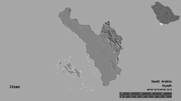 Kształt Jizan Regionu Arabii Saudyjskiej Stolicą Odizolowaną Solidnym Tle Skala — Zdjęcie stockowe