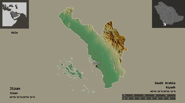 Shape Jizan Region Saudi Arabia Its Capital Distance Scale Previews — Stock Photo, Image