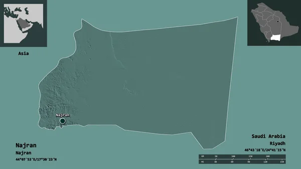 沙乌地阿拉伯地区纳吉兰的形状及其首都 距离刻度 预览和标签 彩色高程图 3D渲染 — 图库照片