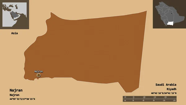 沙乌地阿拉伯地区纳吉兰的形状及其首都 距离刻度 预览和标签 图形纹理的组成 3D渲染 — 图库照片