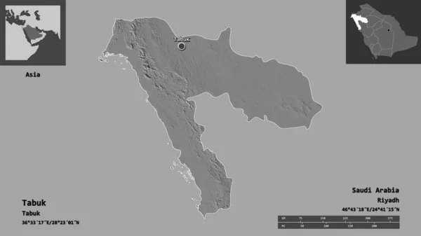 Form Tabuk Regionen Saudiarabien Och Dess Huvudstad Avståndsskala Förhandsvisningar Och — Stockfoto