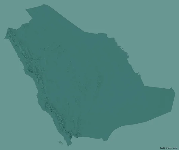 Shape of Saudi Arabia with its capital isolated on a solid color background. Colored elevation map. 3D rendering