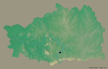 Kedougou 'nun şekli, Senegal bölgesi, başkenti katı bir renk arkaplanı ile izole edilmiş. Topografik yardım haritası. 3B görüntüleme