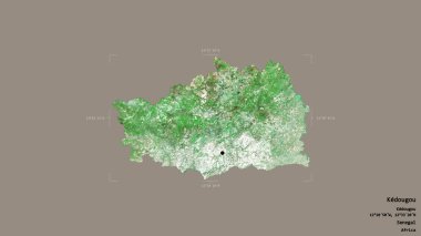 Kedougou bölgesi, Senegal bölgesi, jeoreferatlı bir sınır kutusunda sağlam bir arka planda izole edilmiş. Etiketler. Uydu görüntüleri. 3B görüntüleme