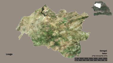 Louga 'nın şekli, Senegal bölgesi, başkenti katı arka planda izole edilmiş. Uzaklık ölçeği, bölge önizlemesi ve etiketleri. Uydu görüntüleri. 3B görüntüleme