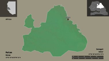 Matam 'ın şekli, Senegal bölgesi ve başkenti. Uzaklık ölçeği, ön gösterimler ve etiketler. Topografik yardım haritası. 3B görüntüleme
