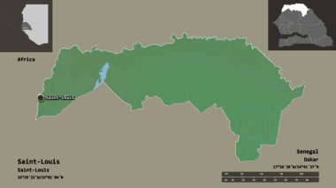 Saint-Louis 'in şekli, Senegal bölgesi ve başkenti. Uzaklık ölçeği, ön gösterimler ve etiketler. Topografik yardım haritası. 3B görüntüleme