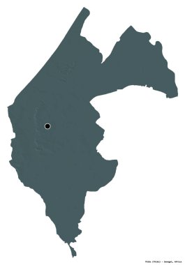 Thies 'in şekli, Senegal bölgesi, başkenti beyaz arka planda izole edilmiş. Renkli yükseklik haritası. 3B görüntüleme