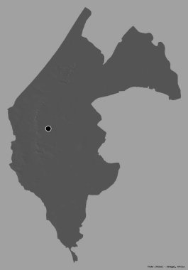 Thies 'in şekli, Senegal bölgesi, başkenti katı renk arkaplanı ile izole edilmiştir. Çift seviyeli yükseklik haritası. 3B görüntüleme