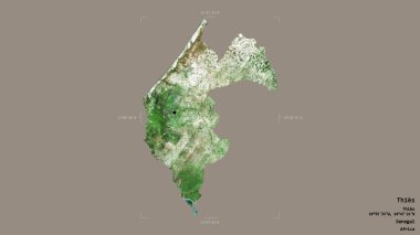 Thies bölgesi, Senegal bölgesi, katı bir arka planda izole edilmiş bir sınır kutusunda. Etiketler. Uydu görüntüleri. 3B görüntüleme