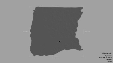 Ziguinchor bölgesi, Senegal bölgesi, bir sınır kutusunda sağlam bir arka planda izole edilmiş. Etiketler. Çift seviyeli yükseklik haritası. 3B görüntüleme