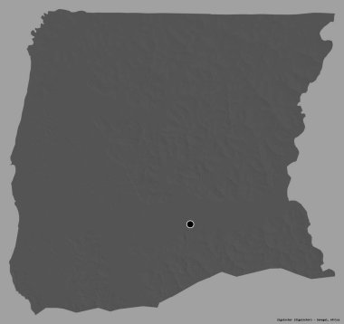 Ziguinchor 'un şekli, Senegal bölgesi, başkenti katı bir renk arkaplanı ile izole edilmiş. Çift seviyeli yükseklik haritası. 3B görüntüleme