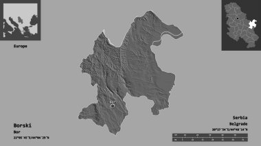 Borski 'nin şekli, Sırbistan ilçesi ve başkenti. Uzaklık ölçeği, ön gösterimler ve etiketler. Çift seviyeli yükseklik haritası. 3B görüntüleme