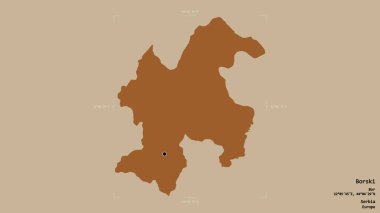 Sırbistan 'ın Borski bölgesi, jeoreferatlı bir sınır kutusunun sağlam bir arka planında izole edilmiş durumda. Etiketler. Desenli dokuların bileşimi. 3B görüntüleme