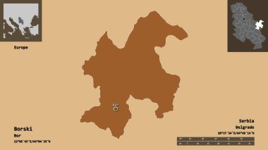 Borski 'nin şekli, Sırbistan ilçesi ve başkenti. Uzaklık ölçeği, ön gösterimler ve etiketler. Desenli dokuların bileşimi. 3B görüntüleme