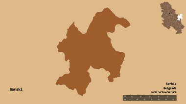 Sırbistan 'ın Borski ilçesi, başkenti sağlam bir zemin üzerinde izole edilmiş durumda. Uzaklık ölçeği, bölge önizlemesi ve etiketleri. Desenli dokuların bileşimi. 3B görüntüleme