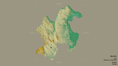 Sırbistan 'ın Borski bölgesi, jeoreferatlı bir sınır kutusunun sağlam bir arka planında izole edilmiş durumda. Etiketler. Topografik yardım haritası. 3B görüntüleme