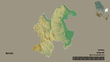Sırbistan 'ın Borski ilçesi, başkenti sağlam bir zemin üzerinde izole edilmiş durumda. Uzaklık ölçeği, bölge önizlemesi ve etiketleri. Topografik yardım haritası. 3B görüntüleme