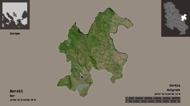 Borski 'nin şekli, Sırbistan ilçesi ve başkenti. Uzaklık ölçeği, ön gösterimler ve etiketler. Uydu görüntüleri. 3B görüntüleme