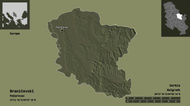 Sırbistan 'ın Branicevski ilçesi ve başkenti. Uzaklık ölçeği, ön gösterimler ve etiketler. Renkli yükseklik haritası. 3B görüntüleme
