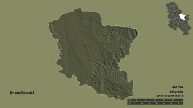 Sırbistan 'ın Branicevski ilçesi, başkenti sağlam bir zemin üzerinde izole edilmiş durumda. Uzaklık ölçeği, bölge önizlemesi ve etiketleri. Renkli yükseklik haritası. 3B görüntüleme