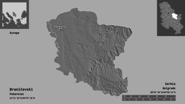 Sırbistan 'ın Branicevski ilçesi ve başkenti. Uzaklık ölçeği, ön gösterimler ve etiketler. Çift seviyeli yükseklik haritası. 3B görüntüleme