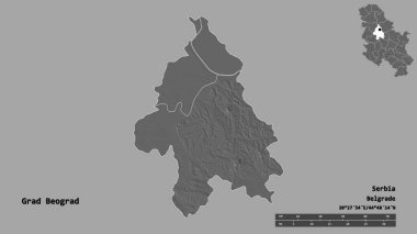 Sırbistan 'ın başkenti Grad Beograd' ın sağlam arka planda izole edilmiş hali. Uzaklık ölçeği, bölge önizlemesi ve etiketleri. Çift seviyeli yükseklik haritası. 3B görüntüleme