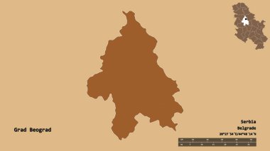 Sırbistan 'ın başkenti Grad Beograd' ın sağlam arka planda izole edilmiş hali. Uzaklık ölçeği, bölge önizlemesi ve etiketleri. Desenli dokuların bileşimi. 3B görüntüleme
