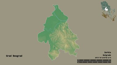 Sırbistan 'ın başkenti Grad Beograd' ın sağlam arka planda izole edilmiş hali. Uzaklık ölçeği, bölge önizlemesi ve etiketleri. Topografik yardım haritası. 3B görüntüleme
