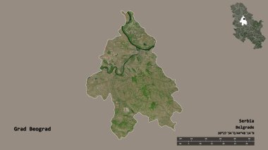 Sırbistan 'ın başkenti Grad Beograd' ın sağlam arka planda izole edilmiş hali. Uzaklık ölçeği, bölge önizlemesi ve etiketleri. Uydu görüntüleri. 3B görüntüleme