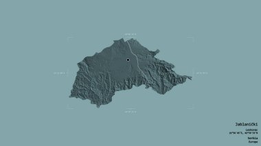 Sırbistan 'ın Jablanicki ilçesi, Jablanicki bölgesi, jeoreferatlı bir sınır kutusunda sağlam bir zemin üzerinde izole edilmiş durumda. Etiketler. Renkli yükseklik haritası. 3B görüntüleme
