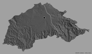 Sırbistan 'ın Jablanicki ilçesi, başkenti sağlam bir renk arkaplanına sahip. Çift seviyeli yükseklik haritası. 3B görüntüleme