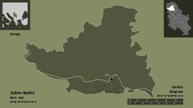 Sırbistan 'ın Juzno-Backi ilçesi ve başkenti. Uzaklık ölçeği, ön gösterimler ve etiketler. Renkli yükseklik haritası. 3B görüntüleme
