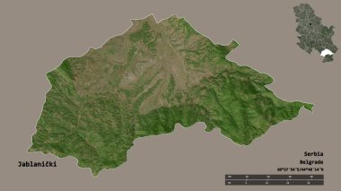 Sırbistan 'ın Jablanicki ilçesi, başkenti sağlam bir zemin üzerinde izole edilmiş durumda. Uzaklık ölçeği, bölge önizlemesi ve etiketleri. Uydu görüntüleri. 3B görüntüleme