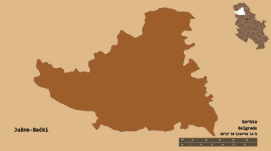 Sırbistan 'ın Juzno-Backi ilçesi, başkenti sağlam bir zemine sahip. Uzaklık ölçeği, bölge önizlemesi ve etiketleri. Desenli dokuların bileşimi. 3B görüntüleme