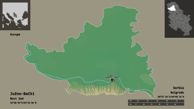 Sırbistan 'ın Juzno-Backi ilçesi ve başkenti. Uzaklık ölçeği, ön gösterimler ve etiketler. Topografik yardım haritası. 3B görüntüleme