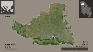 Sırbistan 'ın Juzno-Backi ilçesi ve başkenti. Uzaklık ölçeği, ön gösterimler ve etiketler. Uydu görüntüleri. 3B görüntüleme