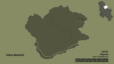 Sırbistan 'ın Juzno-Banatski ilçesi, başkenti sağlam bir zemine sahip. Uzaklık ölçeği, bölge önizlemesi ve etiketleri. Renkli yükseklik haritası. 3B görüntüleme