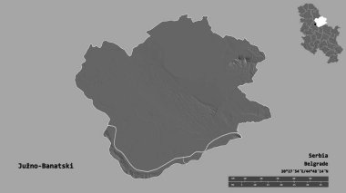 Sırbistan 'ın Juzno-Banatski ilçesi, başkenti sağlam bir zemine sahip. Uzaklık ölçeği, bölge önizlemesi ve etiketleri. Çift seviyeli yükseklik haritası. 3B görüntüleme