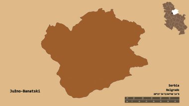 Sırbistan 'ın Juzno-Banatski ilçesi, başkenti sağlam bir zemine sahip. Uzaklık ölçeği, bölge önizlemesi ve etiketleri. Desenli dokuların bileşimi. 3B görüntüleme